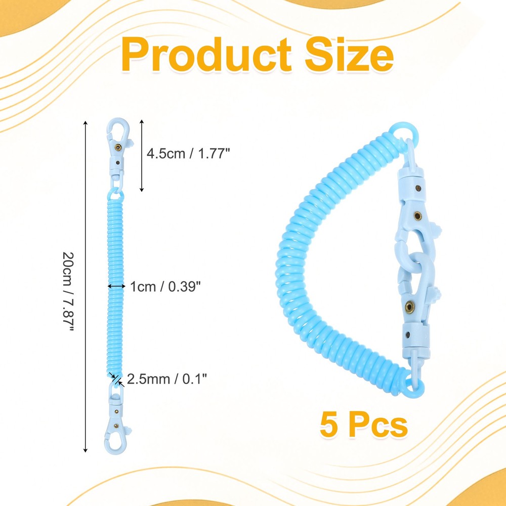 Retractable Coil Keychain W Double Plastic Clasp, (7.9", Light Blue)(5Pcs)