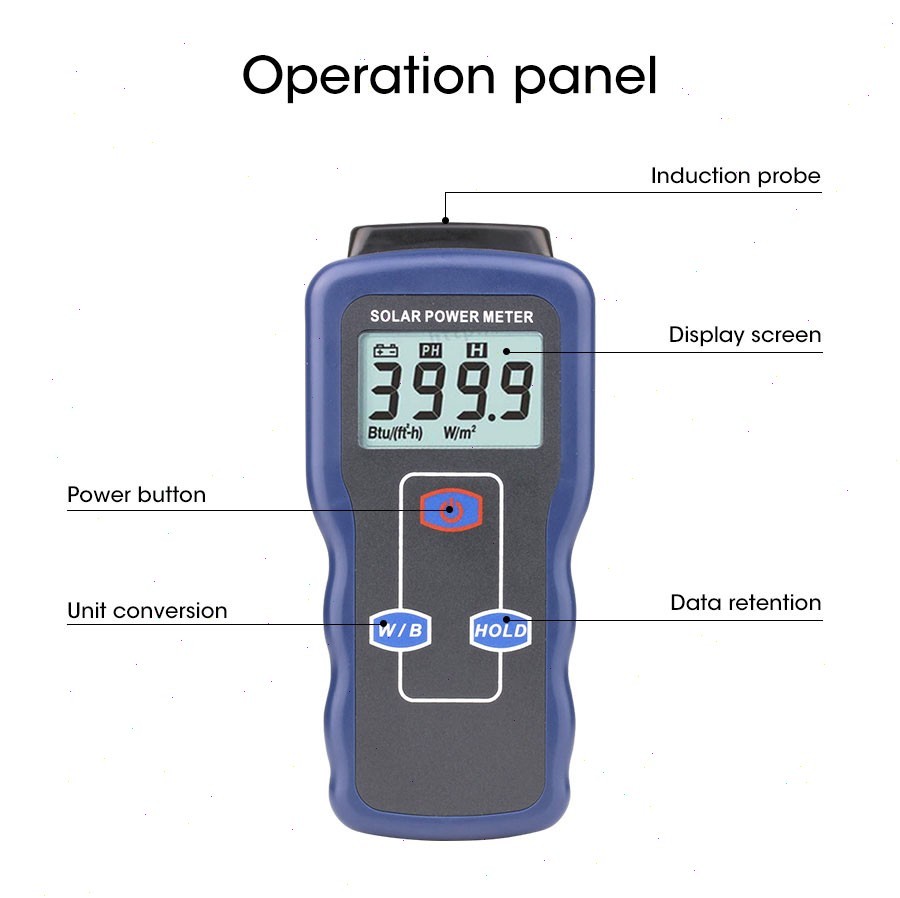 Handheld Solar Power Meter with Range 0.1-1999.9 W/m² Error Range ± (10%R+2dgts)
