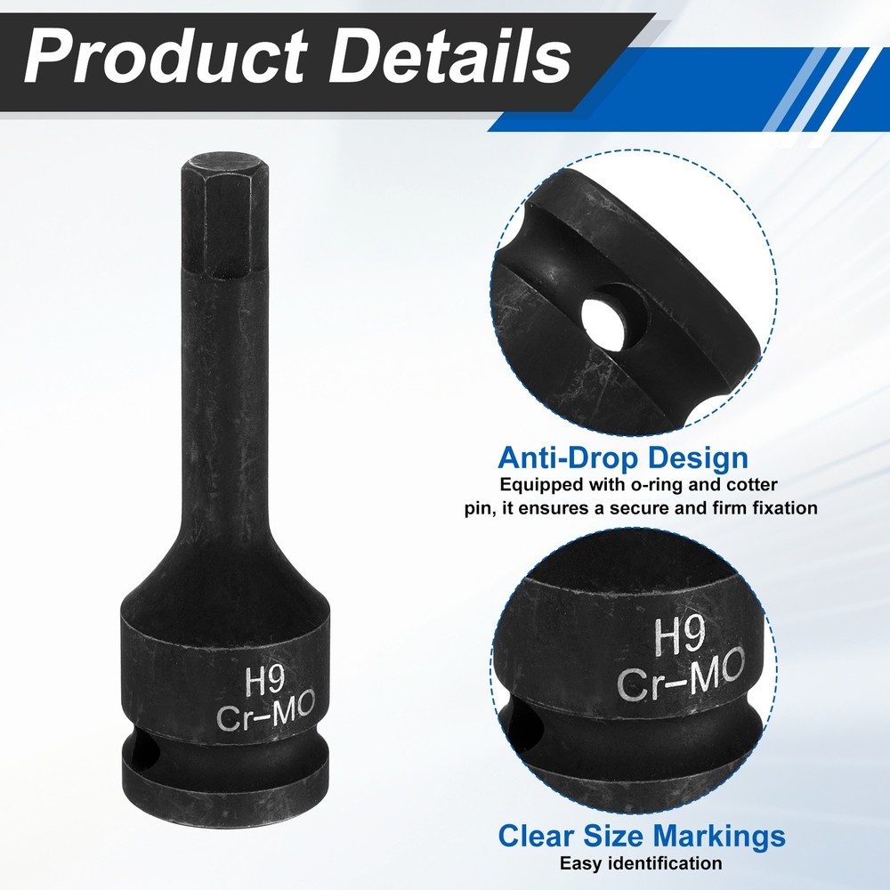 1/2" Drive Impact Hex Bit Socket 9mm Metric CR-MO Steel Hexagonal Socket