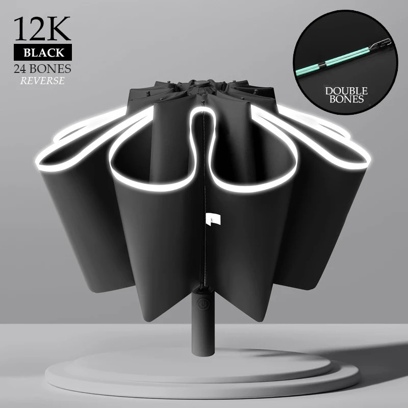 16Ribs Men Women Umbrella Large Windproof Reflective Stripe Reverse Automatic