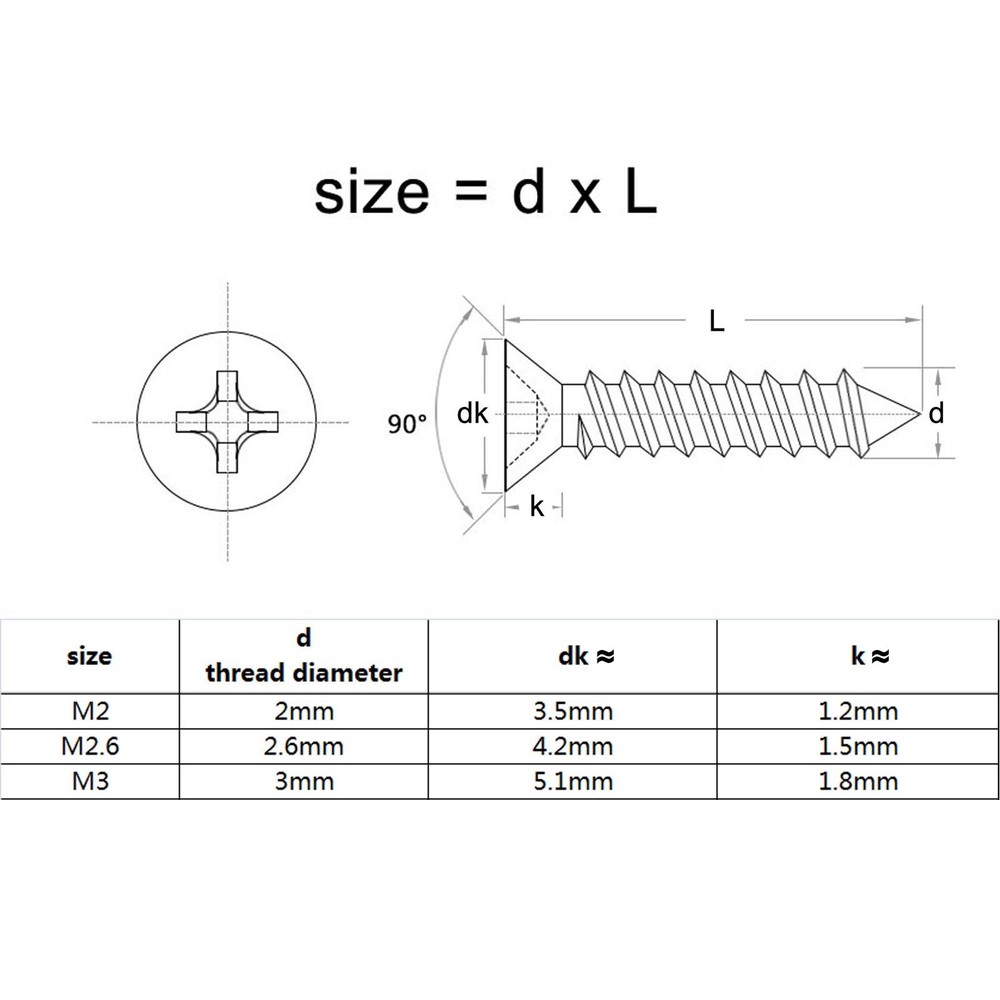 200pcs Dia 2/2.5/3mm Mini Phillips Flat Countersunk Head Self Tapping Wood Screw