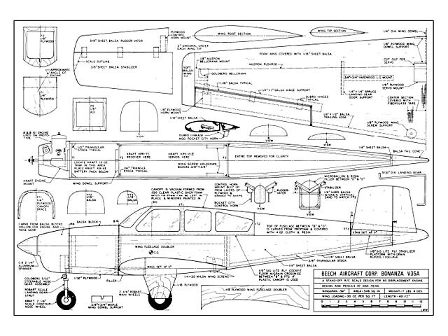 Beech Bonanza V35A 59" WS RC Model Airplane Plans Templates PDF on USB