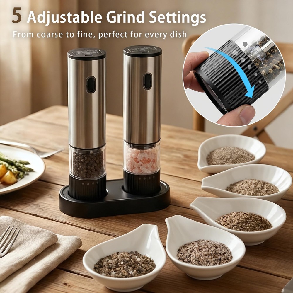 2 Pack Rechargeable Salt and Pepper Grinder Set, USB -Charging Automatic Cord...