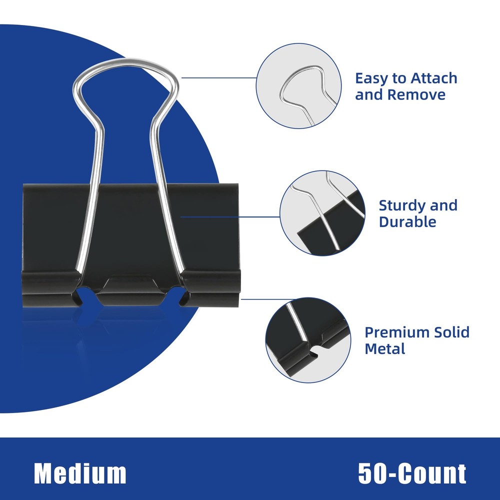 50Pcs Binder Clips Medium, Standard Medium 1-1/4 Inch, Black