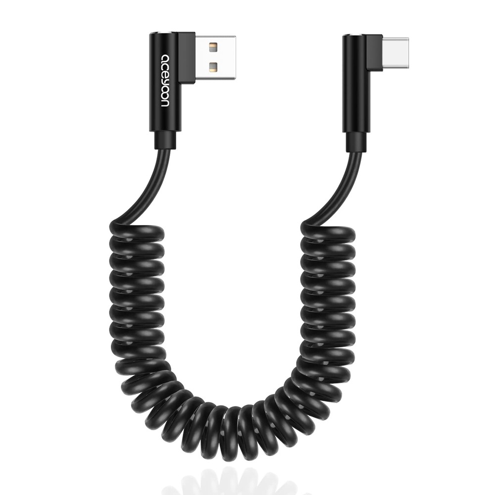 aceyoon USB to C Cable, 90 Degree Right Angled Coiled A C, 1 Pack