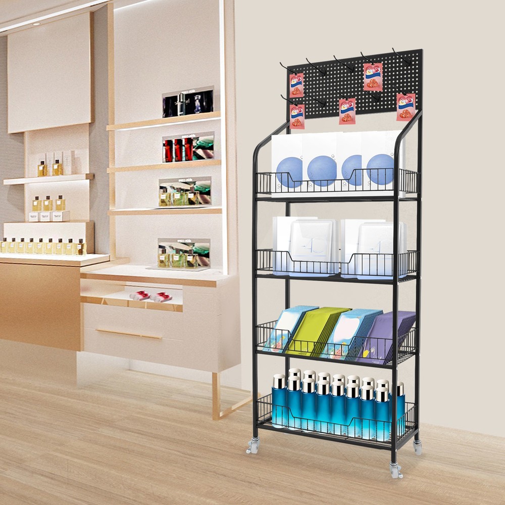 Rolling Retail Display Rack 4 Tier Black Store Merchandise Shelf Unit
