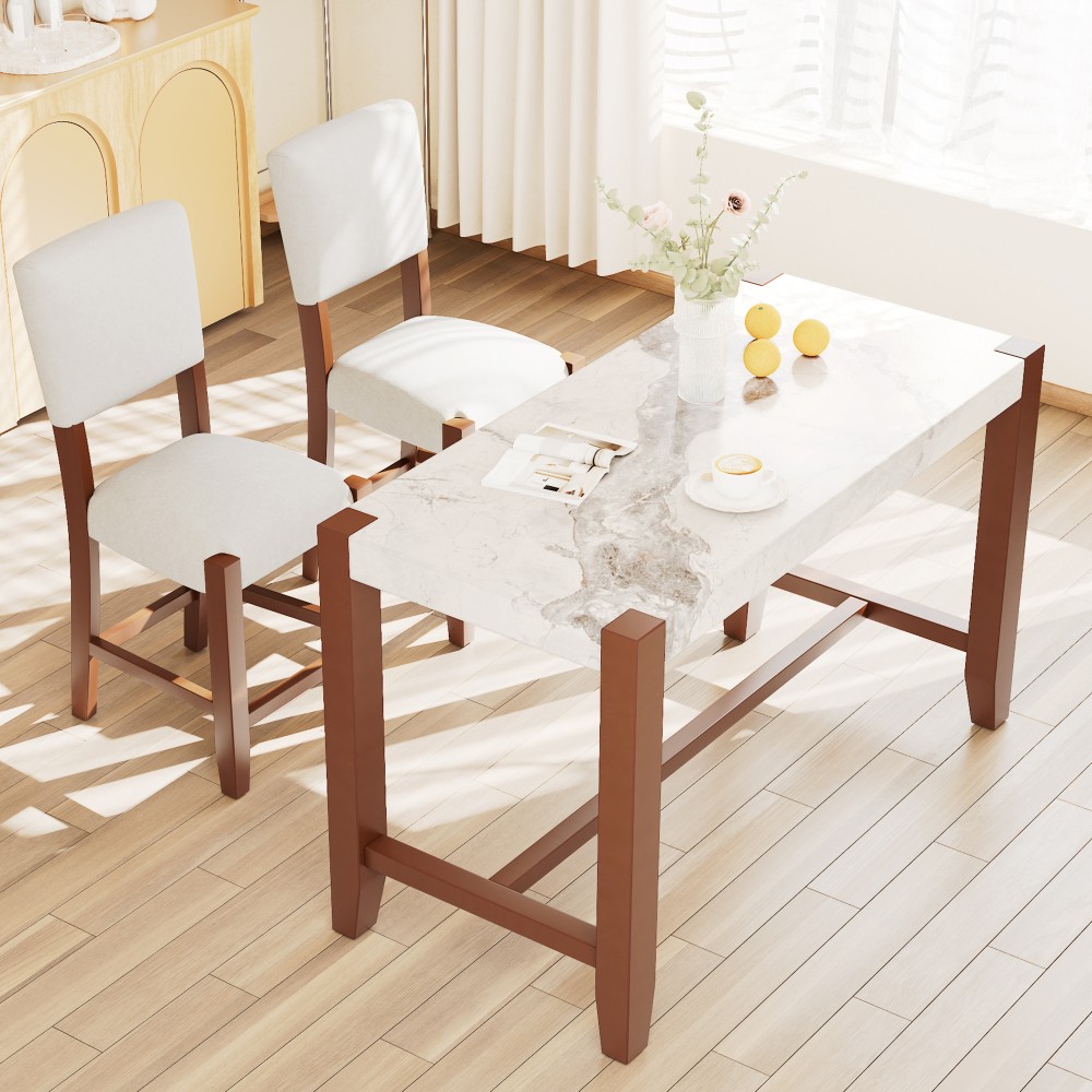 Three-Piece Dining Set Marble-Look Table with 2 Chairs Includes Cushions