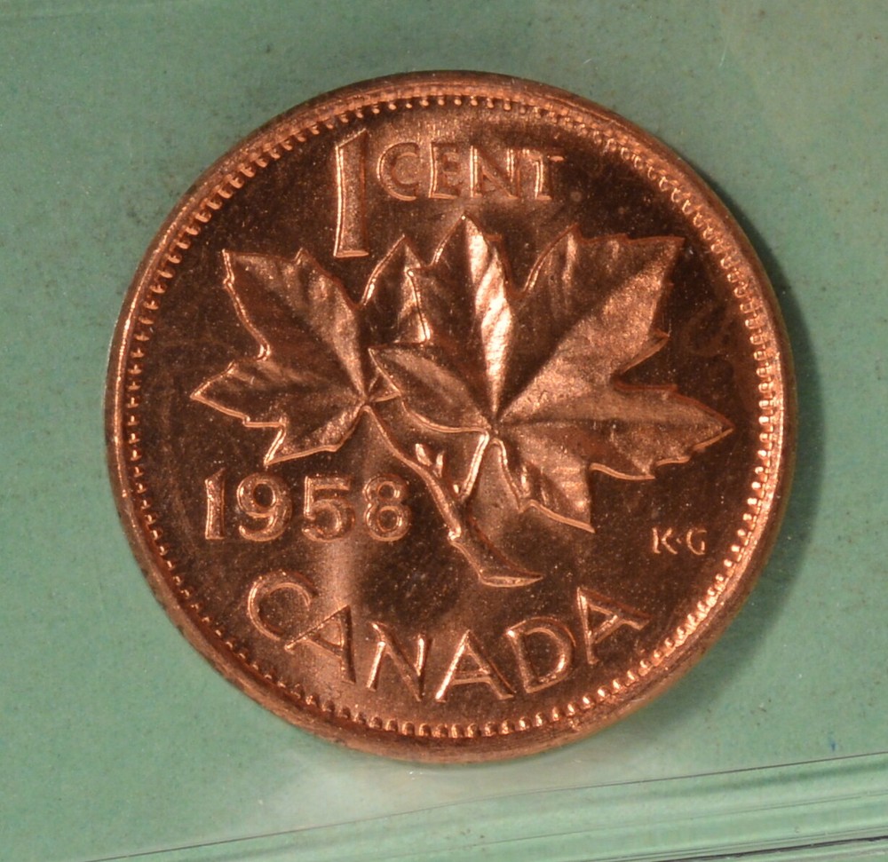 1958 - Canada Penny - Hanging 8 - Graded - ICCS MS-64 RED