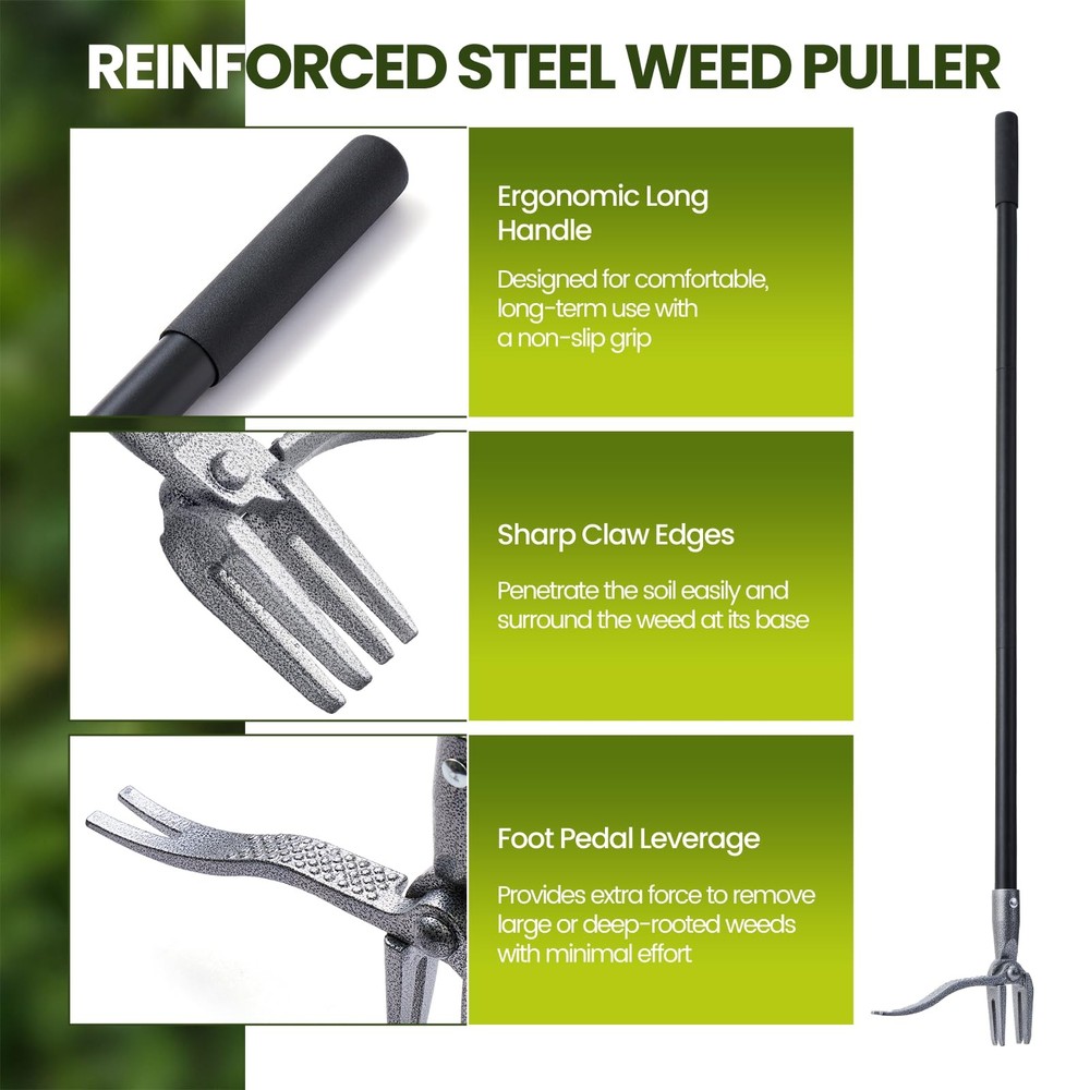KNLLFolan Weed Puller, Stand Up Puller Tool with Steel Long black