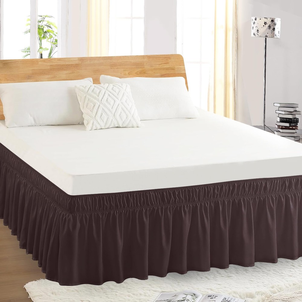 ANARACHON King Bed Skirt, Elastic Wrap Around 14" Drop, Solid Brown