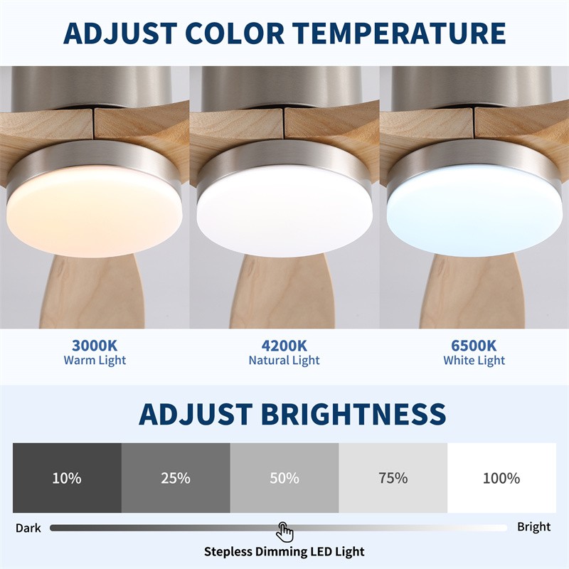 52" Modern Flush Mount Solid Wood Ceiling Fan Reversible w/Wall Switch/Remote