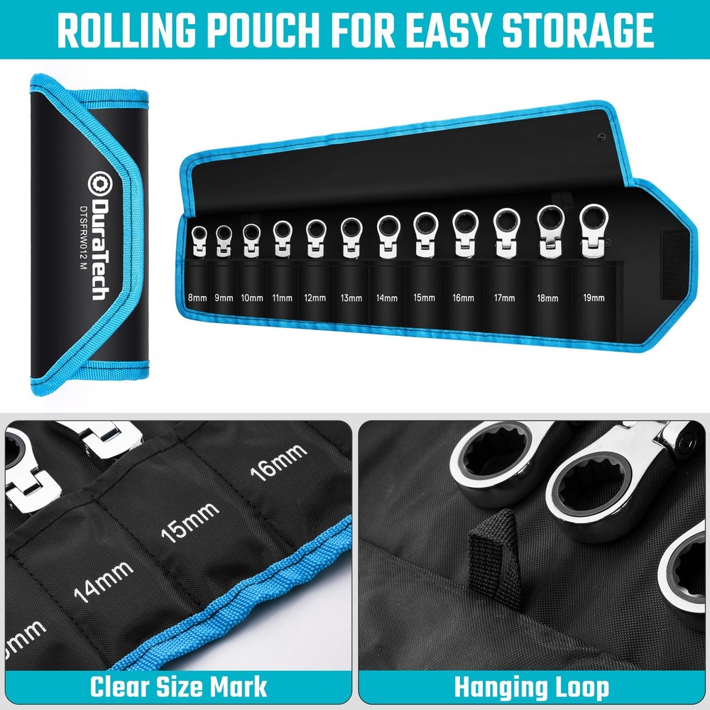 DURATECH Stubby Flex-head Ratcheting Combination Wrench Set, Metric, Silver