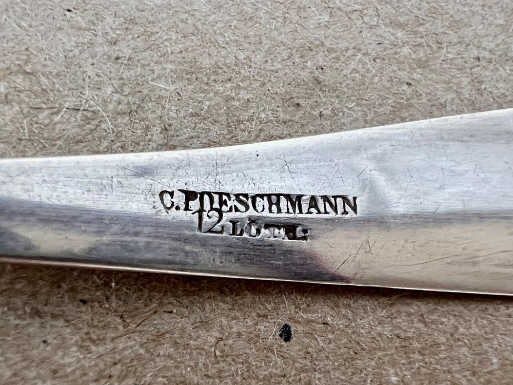 Antique German Solid Silver Spoon C.P. Deschmann 12 Lot .750 Silver 12g Monogram