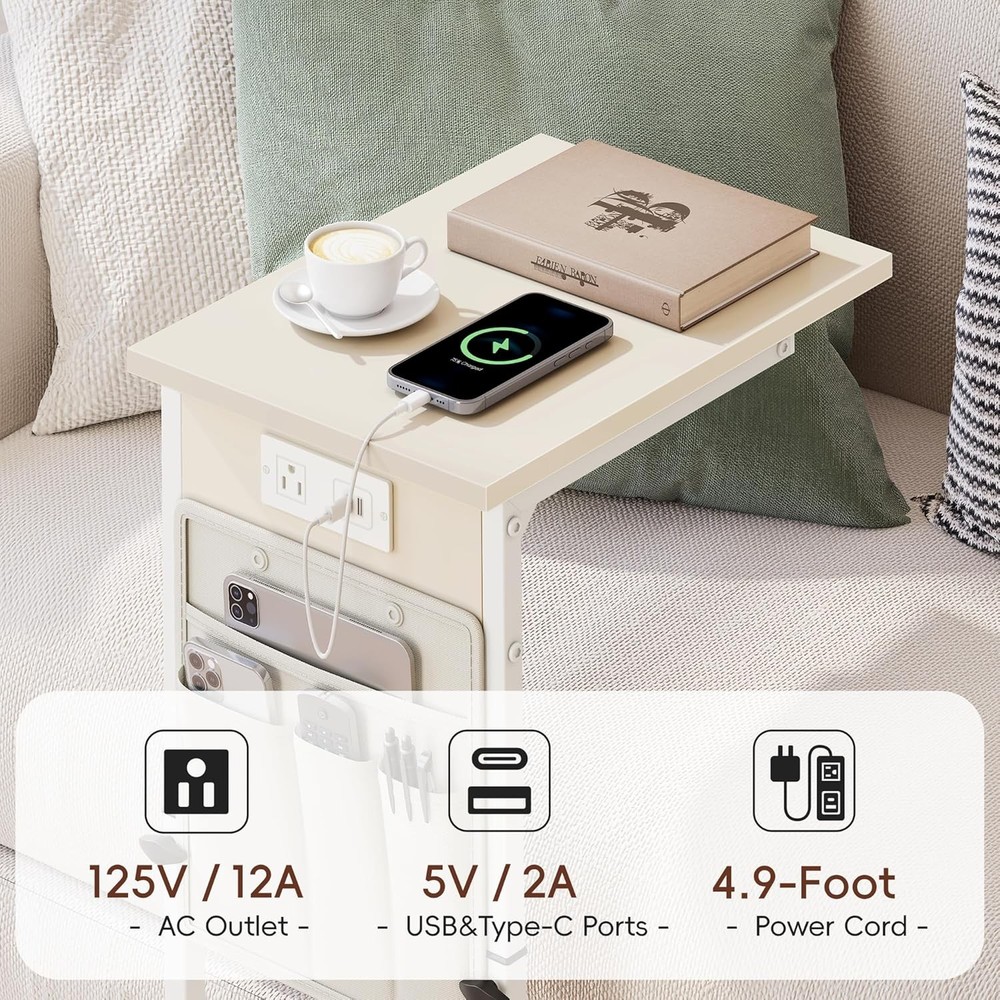 C Shaped End Table W/ Charging Station Adjustable Height Side Table Couch Small