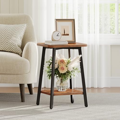 Side Table, Small Rectangular End Table with Storage Shelf, 2-Tier Rustic Brown
