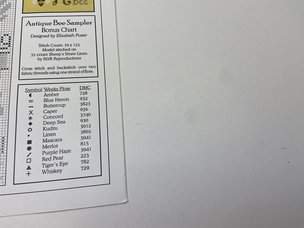 Elizabeth’s Needlework Designs Antique Bee Sampler Cross Stitch Pattern 9P