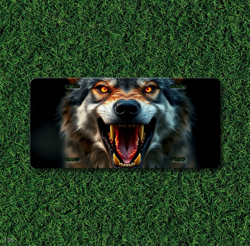 Aggressive Wolf License Plate with Sharp Teeth Optional Text Decorative Plate Bi