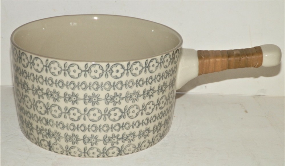 Stoneware Serving Pot with Wicker Wrapped Handle Gray Bloomingville