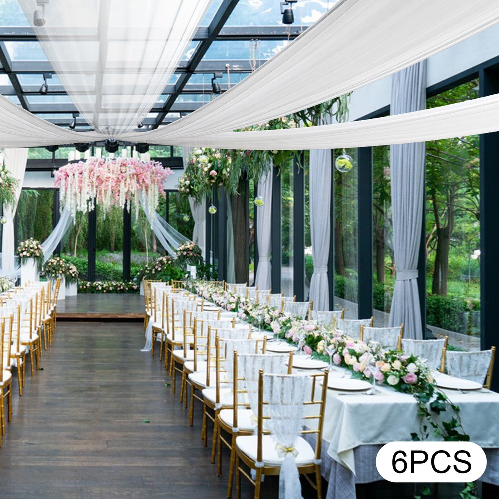 6pcs Weddings Ceiling Drapes Curtains Sheer Voile Backdrop Draping Decor White