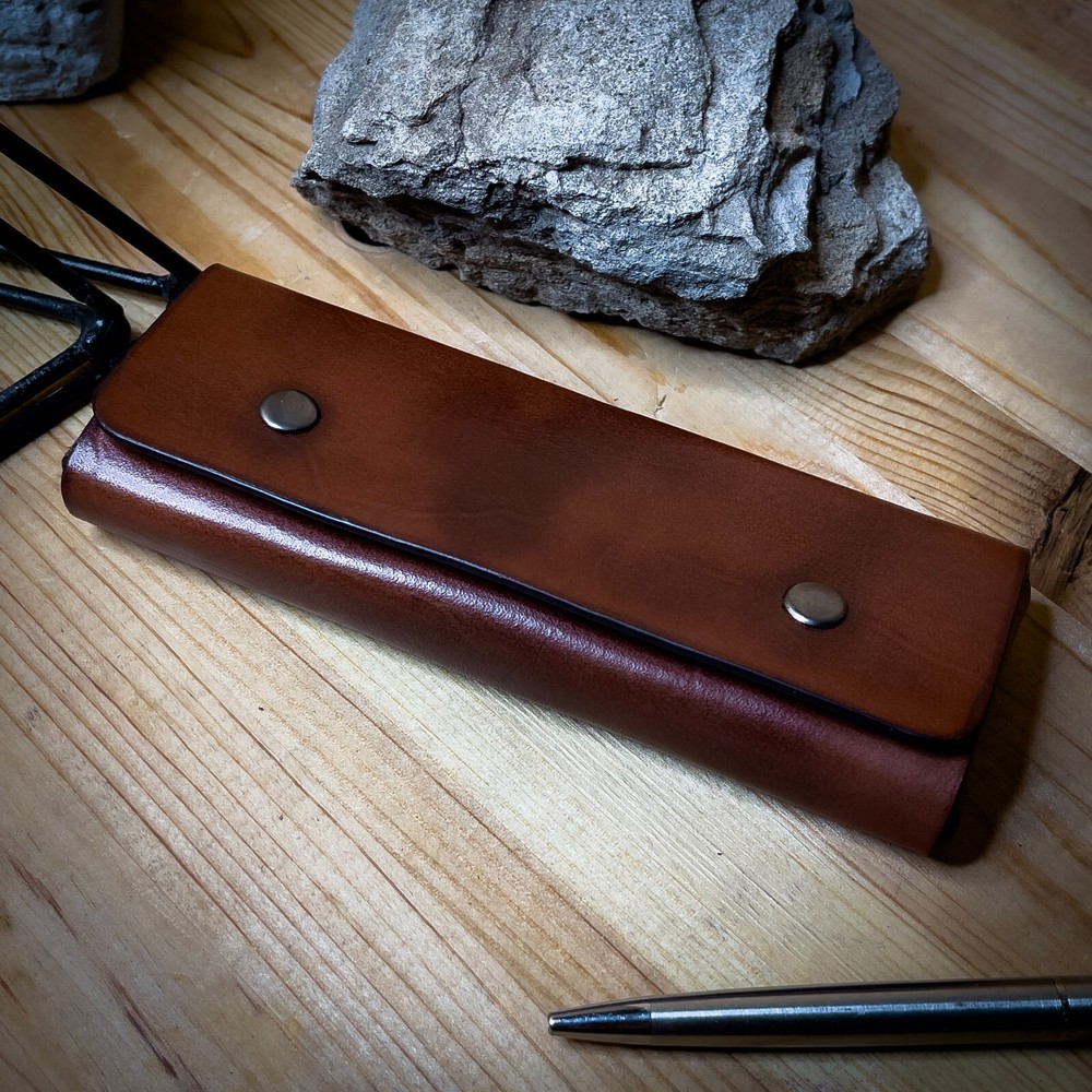 Leather brown pen and pencil case. Handmade.
