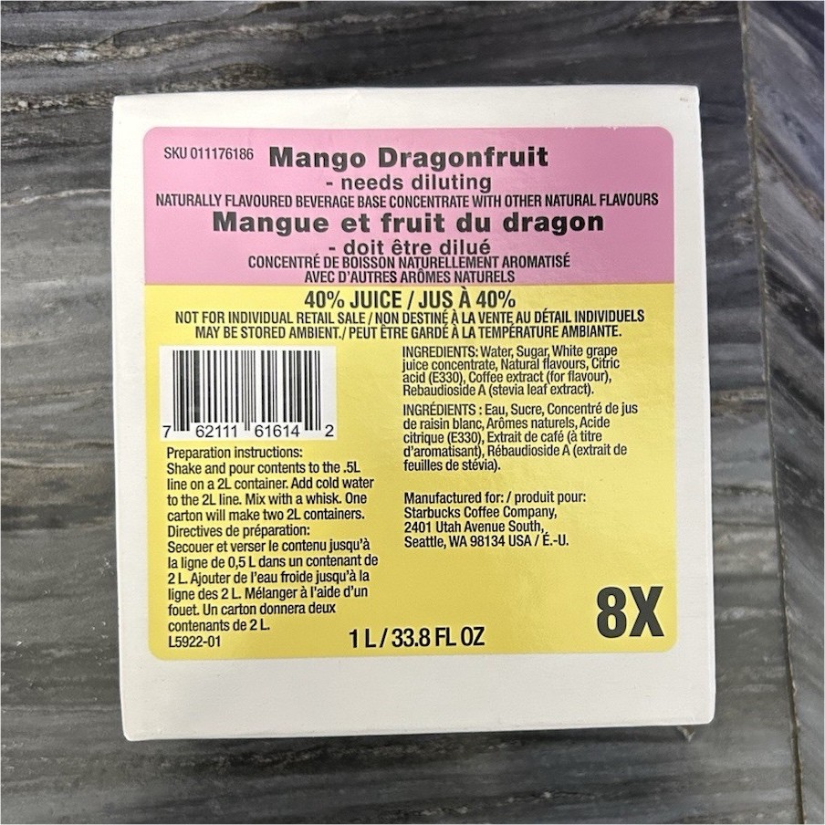 Original Starbucks Mango Dragonfruit Beverage Base Concentrate 1L
