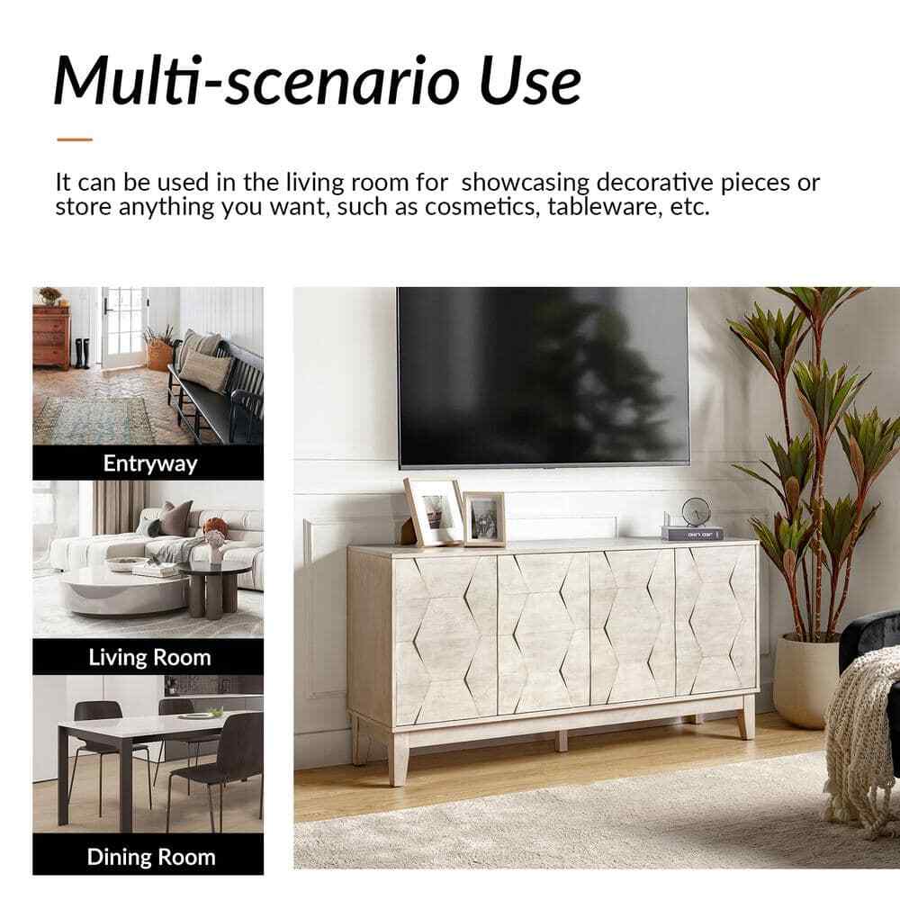 Modern Sideboard Hexagonal Embellishments with Solid Wood Legs White 60 In. New