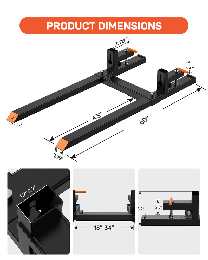 60" Clamp on Pallet Forks 4000 LBS Bucket Fork with Adjustable Stabilizer Bar