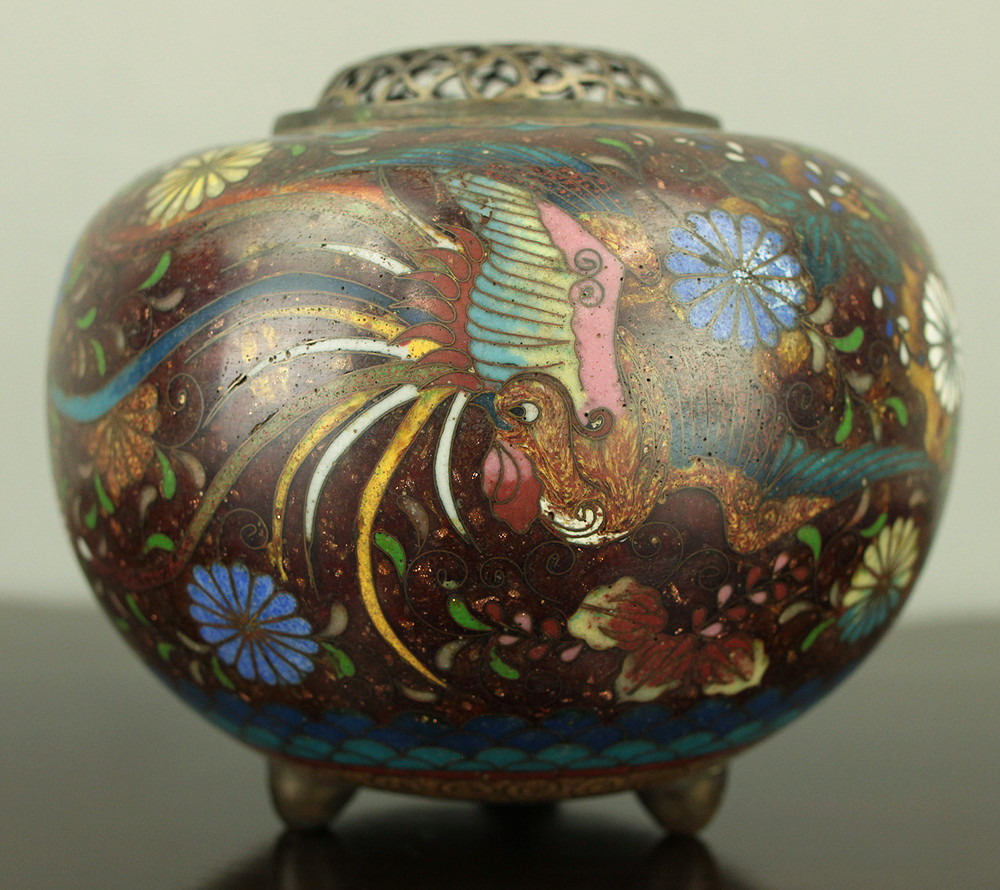 Cloisonne Phoenix and Chrysanthemum Pattern Three-legged Censer Incense Burner