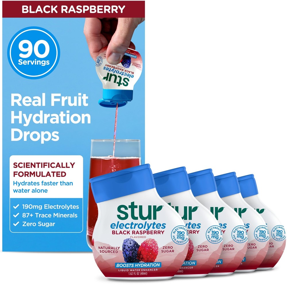 Stur Black Raspberry Electrolyte Water Enhancer | 5 Bottles, 90 Drinks