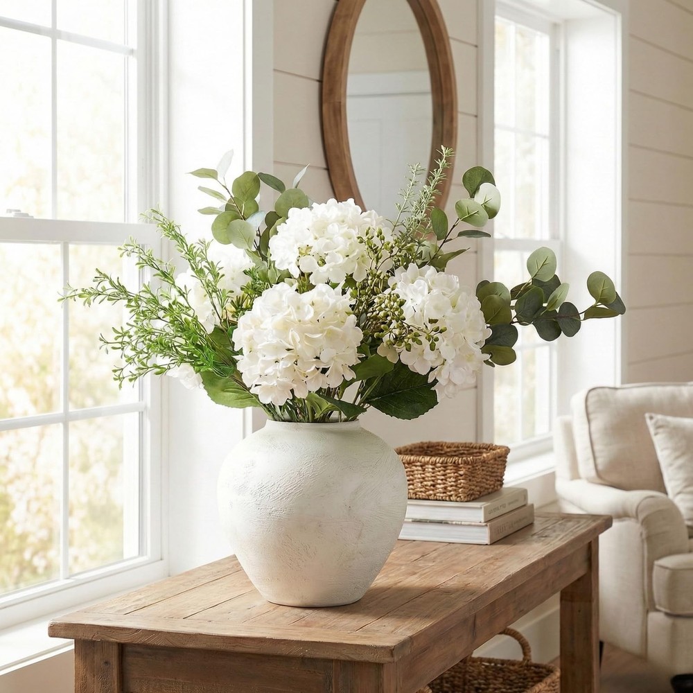 Faux Arrangement - Eucalyptus & White Hydrangea Flowers, Large Artificial Flo...