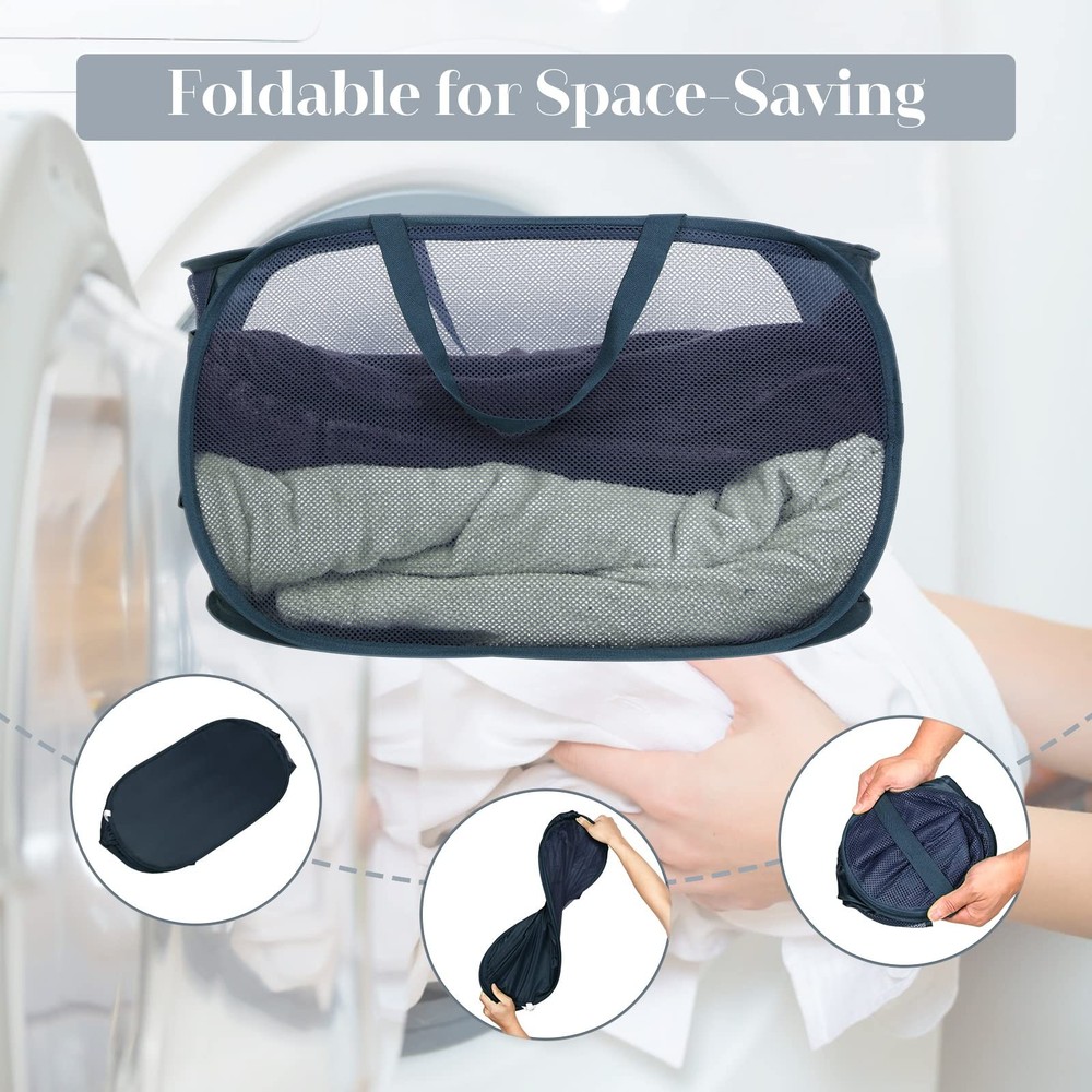 Collapsible Laundry Baskets 2 Pack Navy Blue Mesh Pop Up Hamper with Pocket