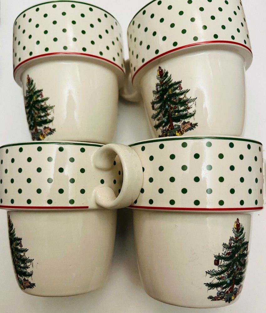 SPODE Mugs, "Christmas Tree", Polka Dot Ceramic, 4, Replace, Add or COLLECT!