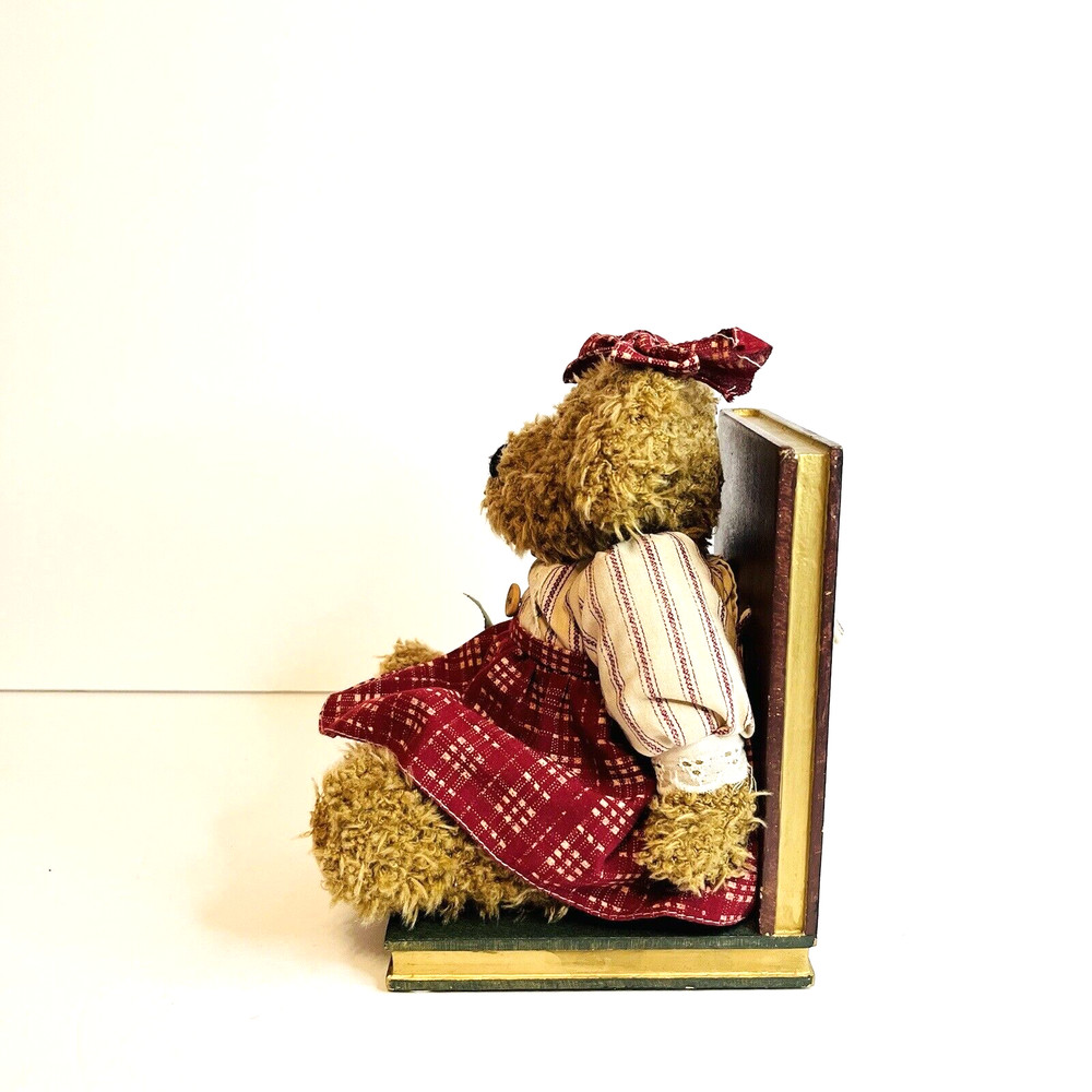 Teddy Bear Plush Wooden Bookends Pair Vintage