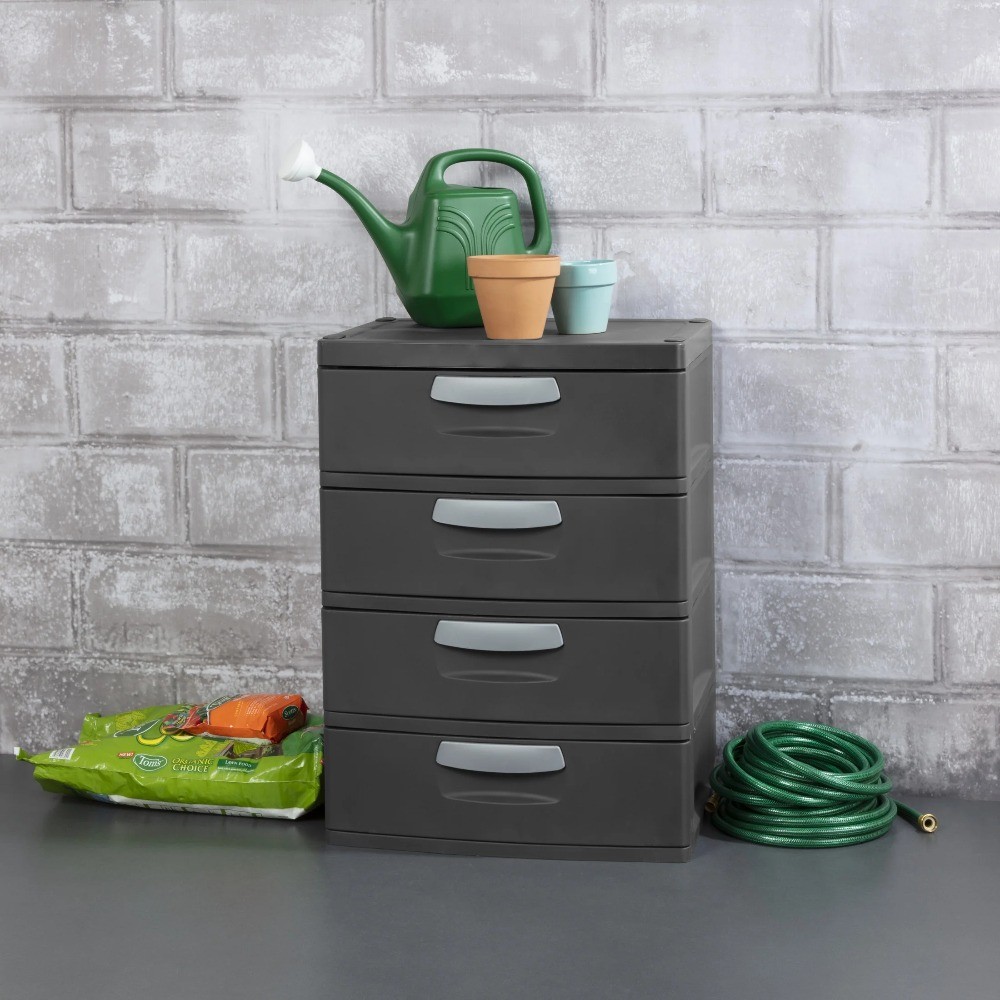 4 Drawer Unit, Durable Plastic Storage Solution for Garages, Dark Gray
