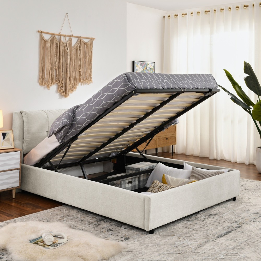Queen Size Upholstered Platform Bed Frame with Hydraulic Storage White/Black