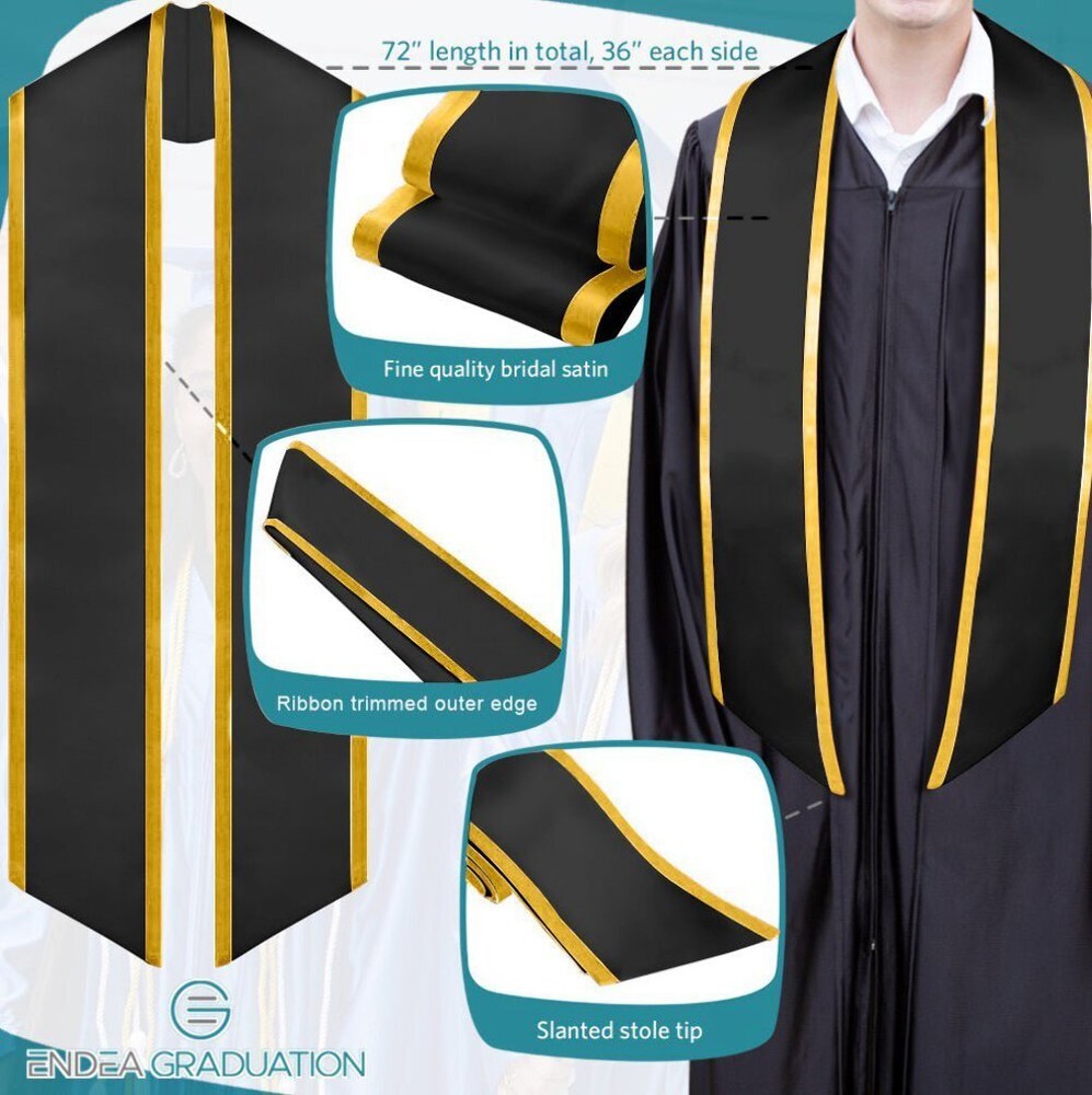 Endea Graduation Black/Gold Plain Stole With Trim Color & Angled End
