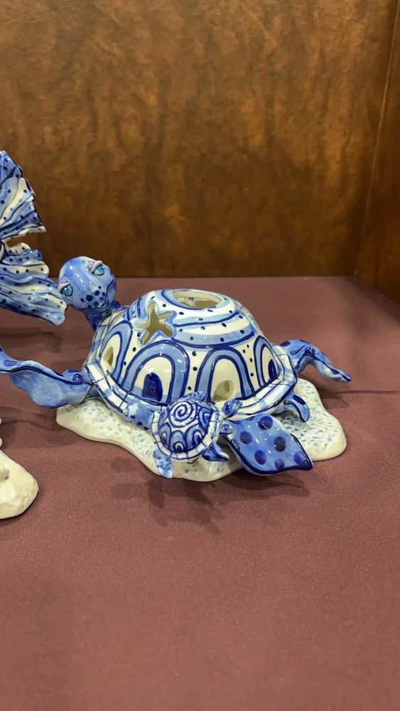 Diane Artware Blue and White Turtle Tea Light Set Ceramic