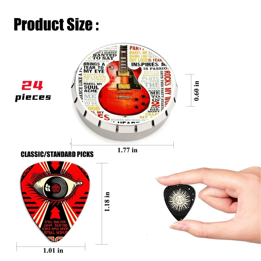 Guitar Picks 24 Pack Thin, Medium, Heavy & Extra Heavy Picks with Tin Box,Var...