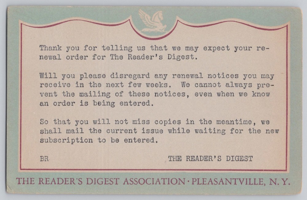 1949 Reader Digest Subscription Renewal Postal Report Postcard Metered Postage