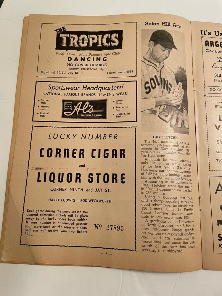 1945 Pacific Coast League Solons Baseball Program Doubleday Park Sacramento Ca
