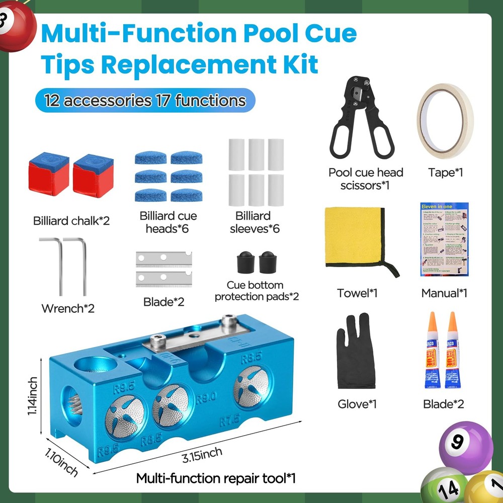 11in1 Pool Cue Tips Replacement Kit Portable Shaper Professional Stick Tool