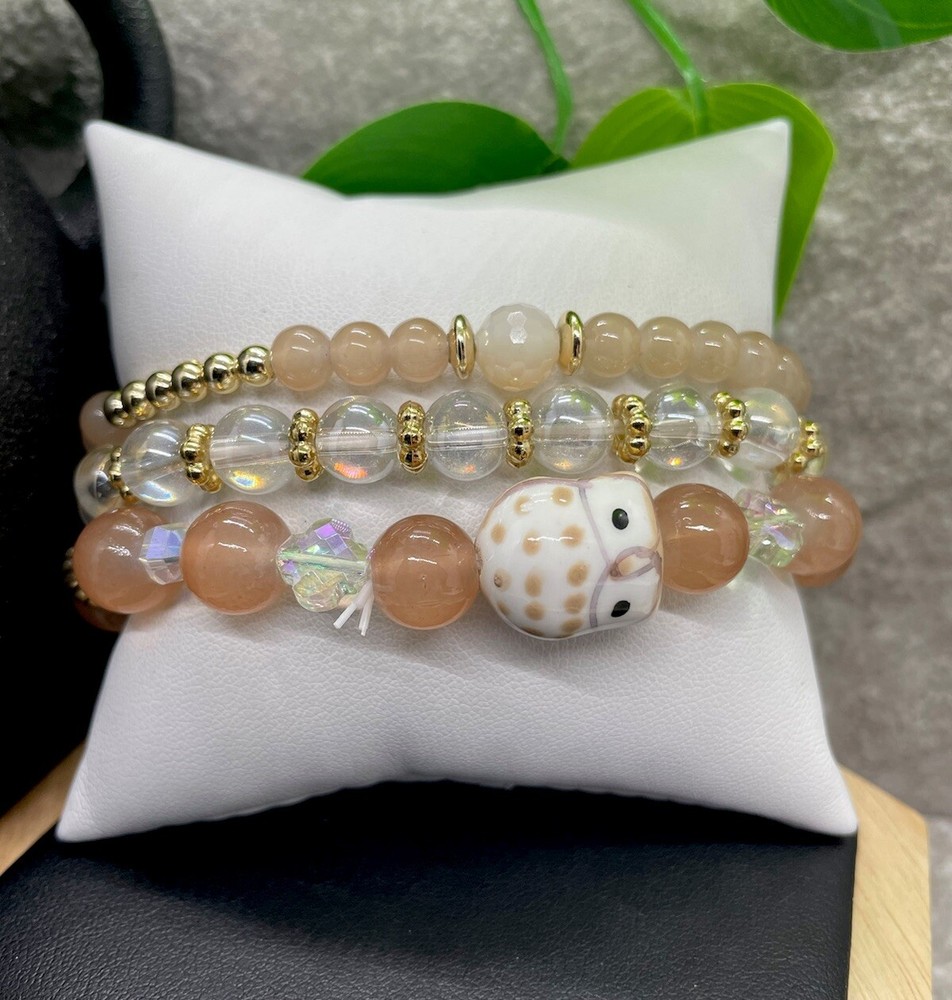 3 PC Handmade Boho  Beaded Stackable 6.5” Plus Stretch Bracelet Set New B1322