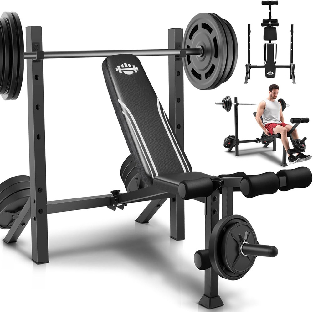 900LBS Weight Bench Set with Squat Rack, Adjustable Bench Press Set with Leg Ext