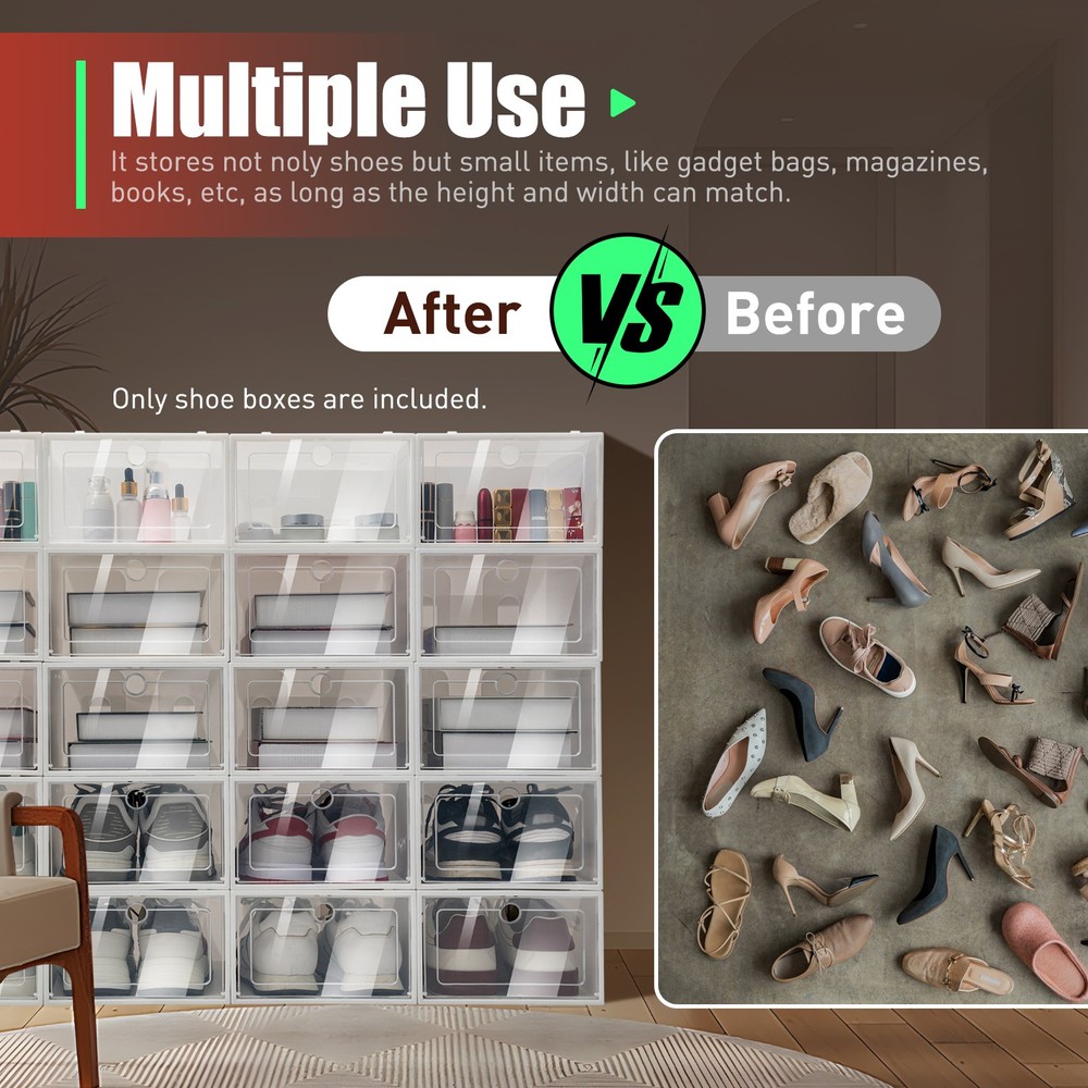 20 Pcs Shoe Box Clear Plastic Stackable Shoe Storage Foldable Shoe Containers