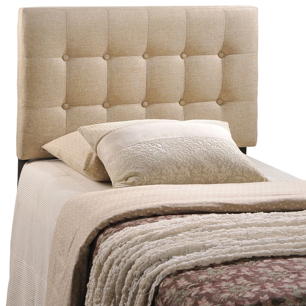 Modway Fabric Upholstered Button Tufted Square Twin Size Headboard in Beige