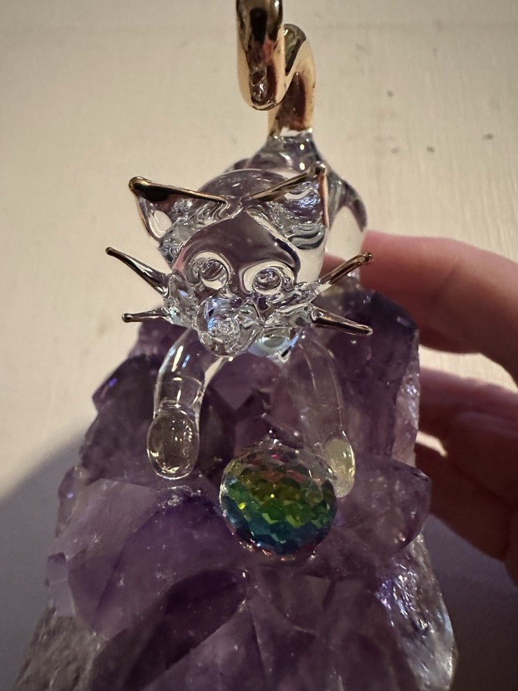 Cat With Rainbow Cut Ball On Amethyst Geode Stone