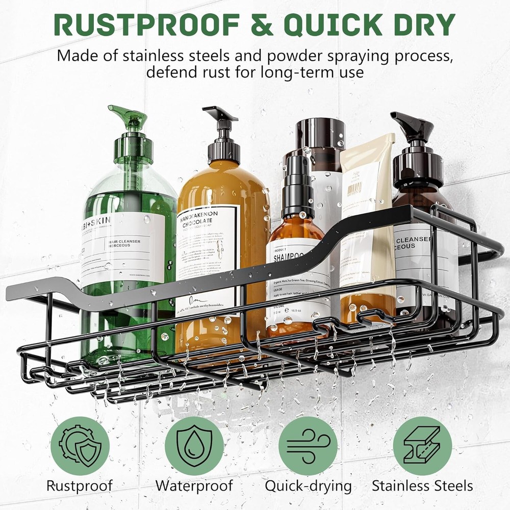 Versatile Rustproof Shower Caddy Set with Easy 2-Step Installation - BlackLarge