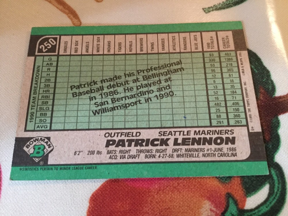 1991 Bowman PATRICK LENNON Autographed Baseball Card RC MARINERS