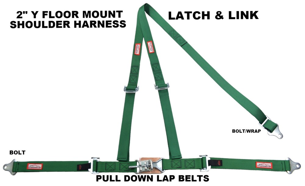 3 POINT SEAT BELT RACE HARNESS 2" LATCH & LINK PULL DOWN LAPS FLOOR MOUNT GREEN