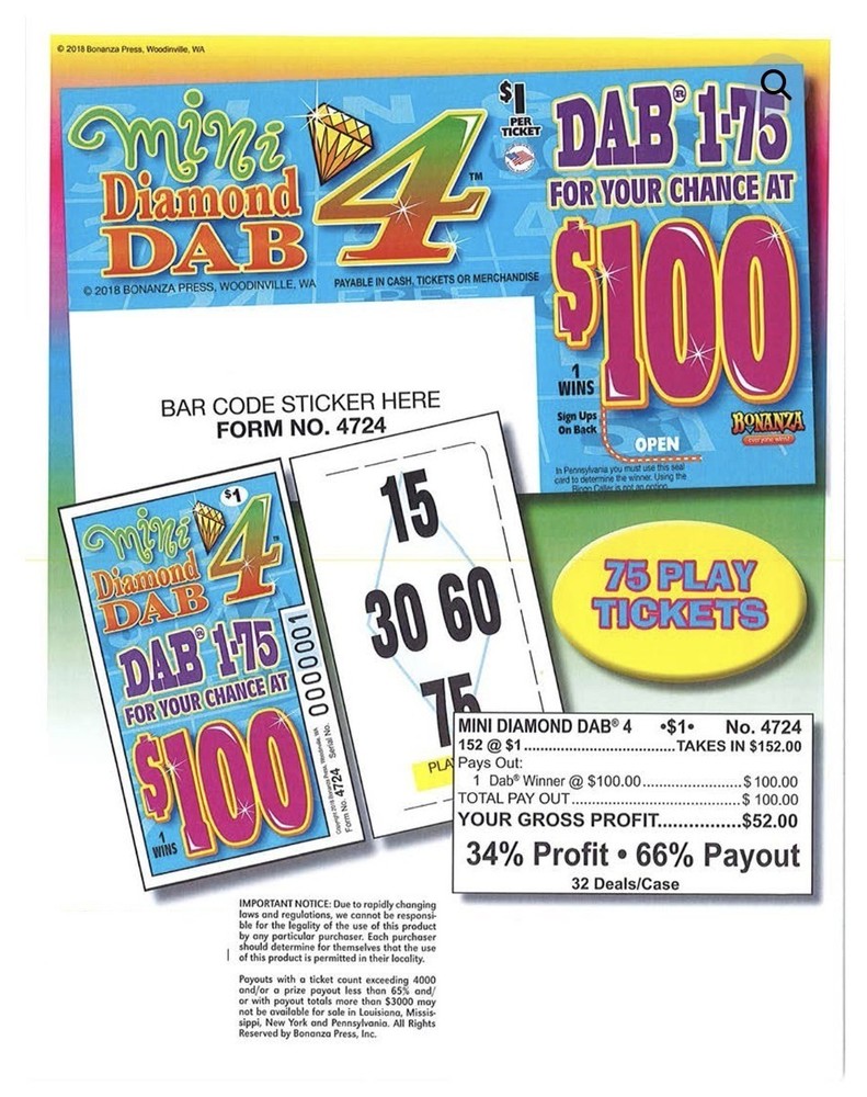 Pull Tab Ticket - Hard Card - Game- 6 Pack - Mini Diamond Dab 4 - 152 ct ea